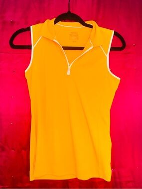 👑 Size Xsmall Neon Orange Sleeveless Zip Polo Top with White Trim
